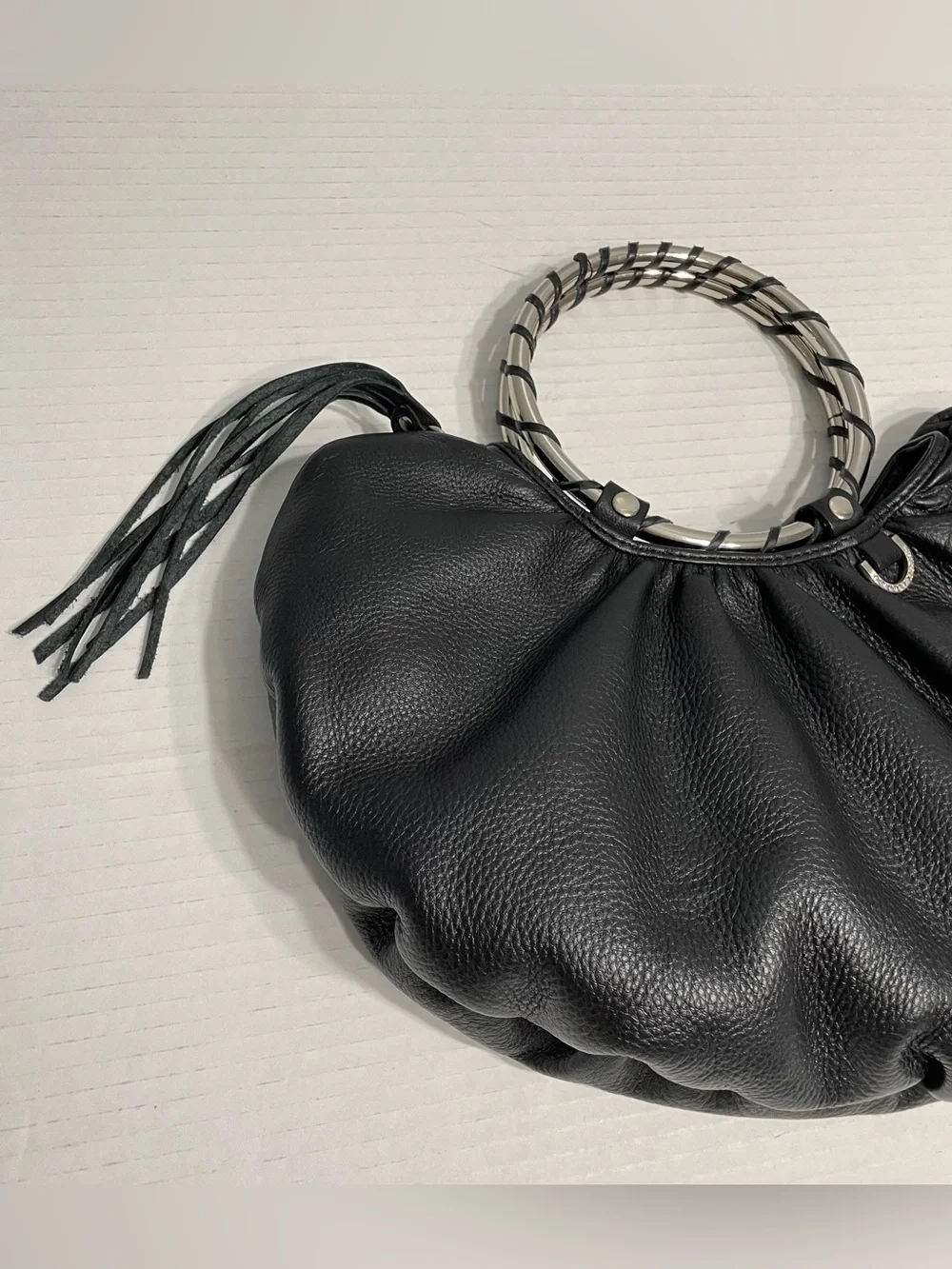 Vintage Babee D Black Leather Ring-Handle hobo bag handbag boho western